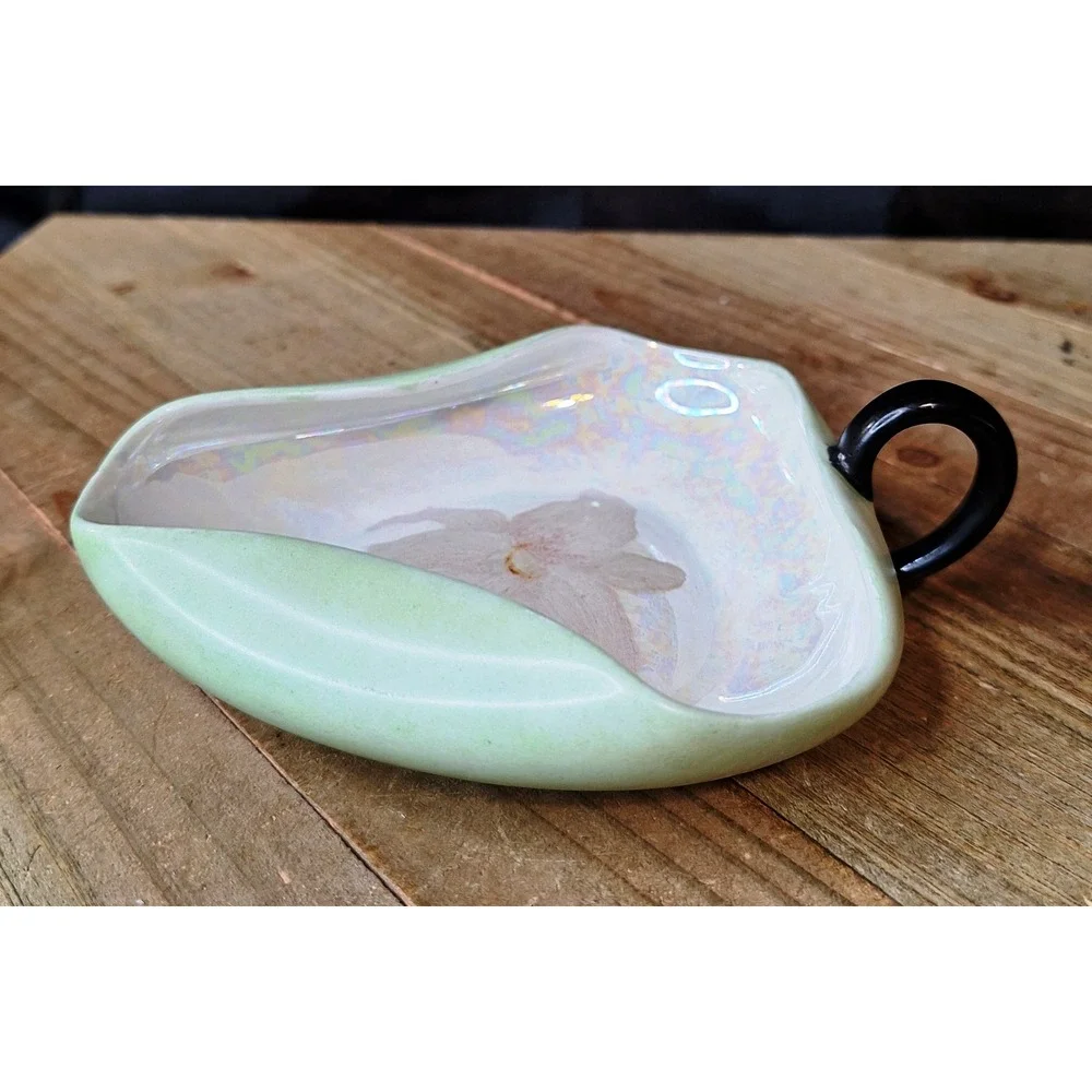 Vintage 1927 PM Bavaria Lusterware Porcelain Nappy Dish Mint Green Iridescent
